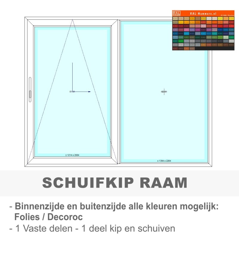 PVC Schuifkipraam - binnen  en buiten kleur naar keuze