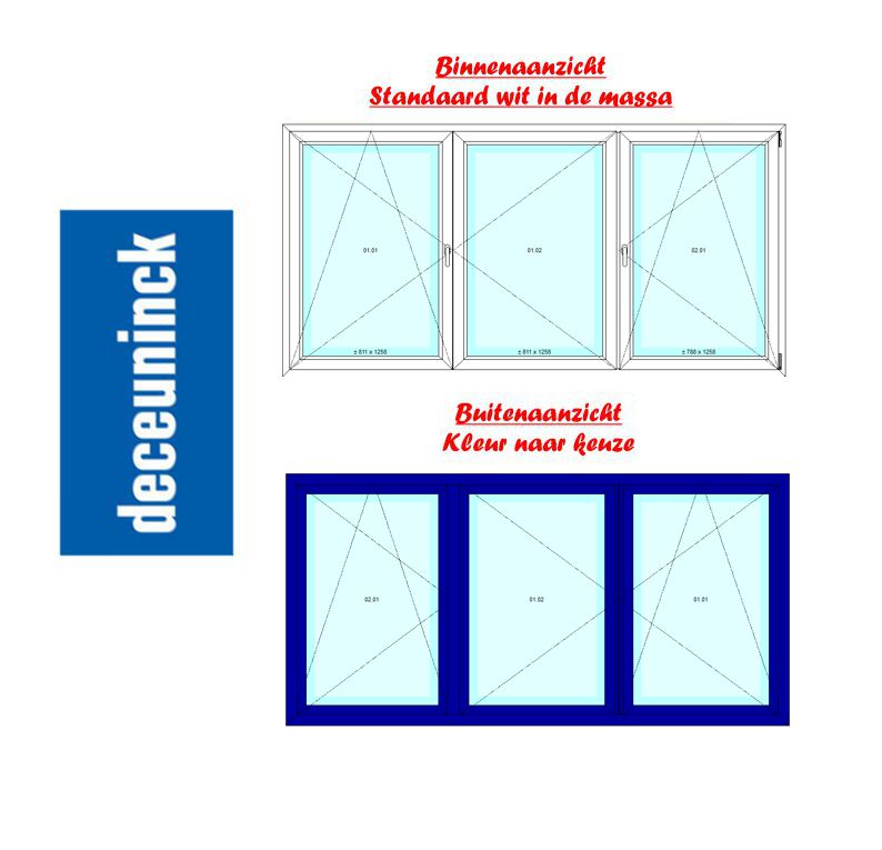 PVC 3 delen: 1 deel draaikiep , dubbeldraaikiep raam - Binnen wit en buiten kleur naar keuze