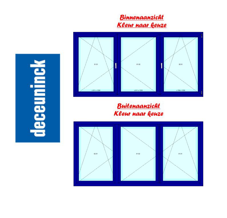 PVC 3 delen: 1 deel draaikiep , dubbeldraaikiep raam - Binnen en buiten kleur naar keuze
