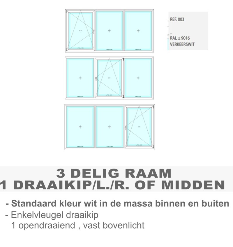 PVC 3 delen1deel draaikiep raam - binnen en buiten Standaard wit