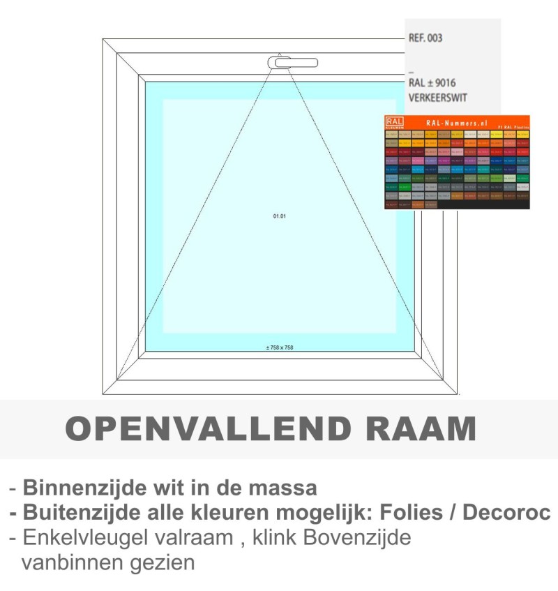 PVC Openvallend raam - binnen wit/buiten kleur naar keuze