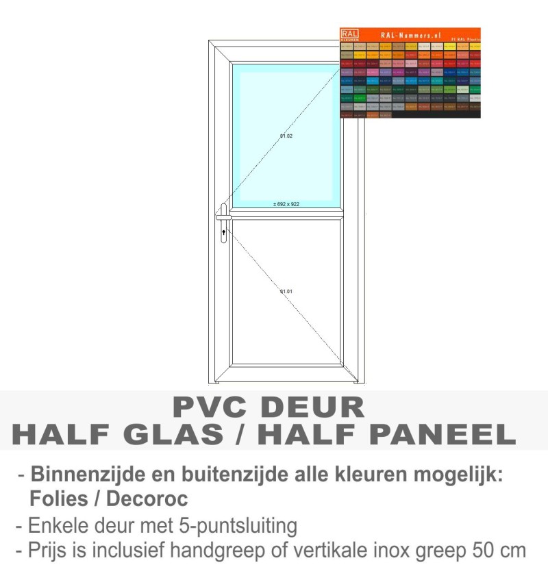 PVC deur half glas  - Binnenzijde en buitenzijde kleur naar keuze