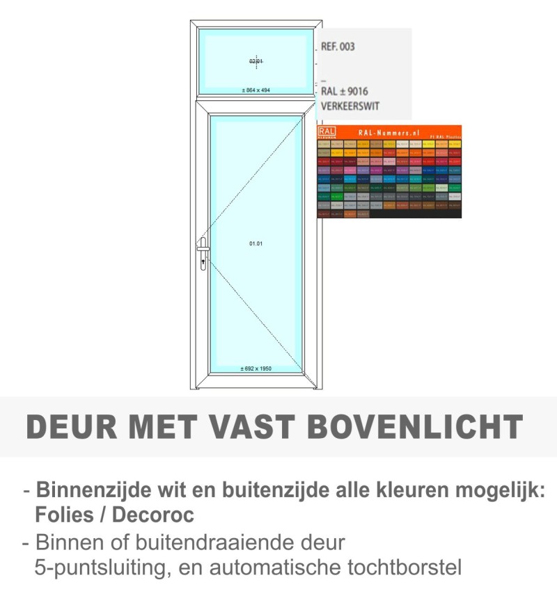 PVC deur met vast bovenlicht - Binnenzijde wit en buitenzijde kleur naar keuze