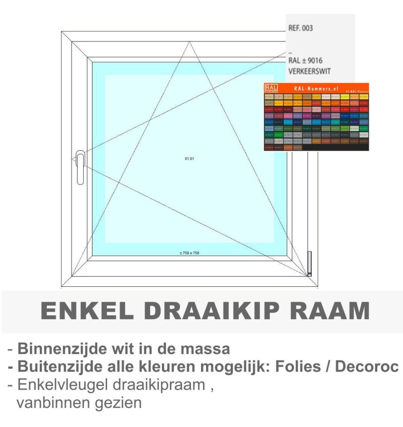 PVC draaikiep raam - wit binnen , kleur naar keuze buiten