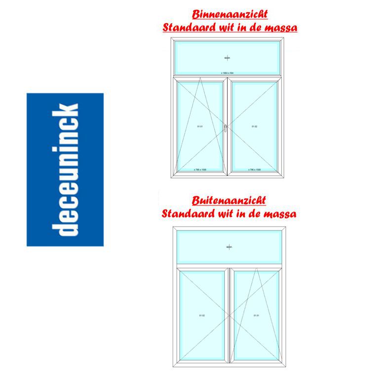 PVC dubbel vleugel draaikip met vast bovenlicht  - binnen  en buiten Standaard wit in de massa