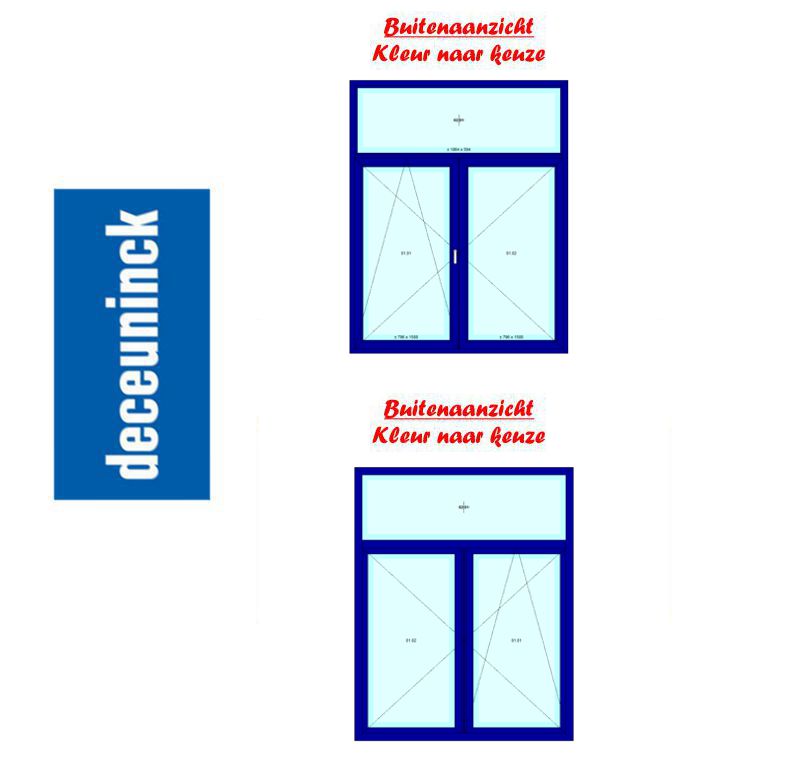 PVC dubbel vleugel draaikip met vast bovenlicht  - binnen  en buiten kleur naar keuze